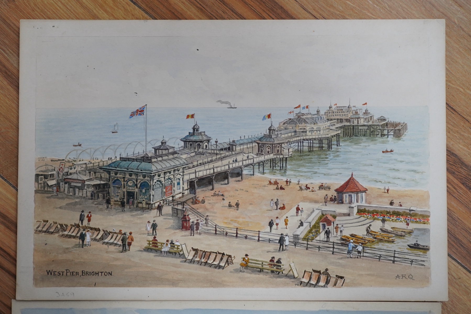 Alfred Robert Quinton (1853-1934), pair of original watercolours for postcard designs, Brighton views comprising: West Pier and The Pavilion, each monogrammed, 20 x 30cm, unframed. Condition - fair to good